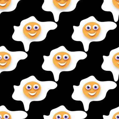 Şirin Gülümseyen Kızarmış Yumurta 'lı Kusursuz Desen. Siyahta Gerçeküstü Tasarım. Lekeli Pop Art Çizgi Film Tarzı. Sonsuz doku. Vektör 3d Görüntü