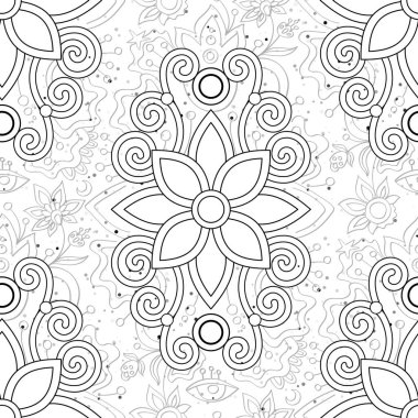 Süslü Mistik Beyaz Çiçekli Kusursuz Estetik Desen. Dokulu Fantezi Arkaplanı. Fütürist soyut kavram. Vector Contour İllüstrasyonu. Boyama Kitabı Sayfası