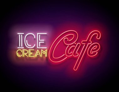 Dondurma Kafe Yazıtlı Klasik Parlak İmza Panosu. Neon Retro Lettering. Shiny Neon Light Poster, Banner, Playbill, Night Club Davetiyesi. Parlak Arkaplan. Vektör 3d Görüntü