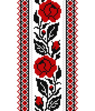 Realistic Cross-Stitch Embroideried Seamless Border with Roses. Ethnic Floral Motif, Handmade Stylization. Traditional Ukrainian Red and Black Embroidery. Ethnic Design Element. Vector 3d Illustration