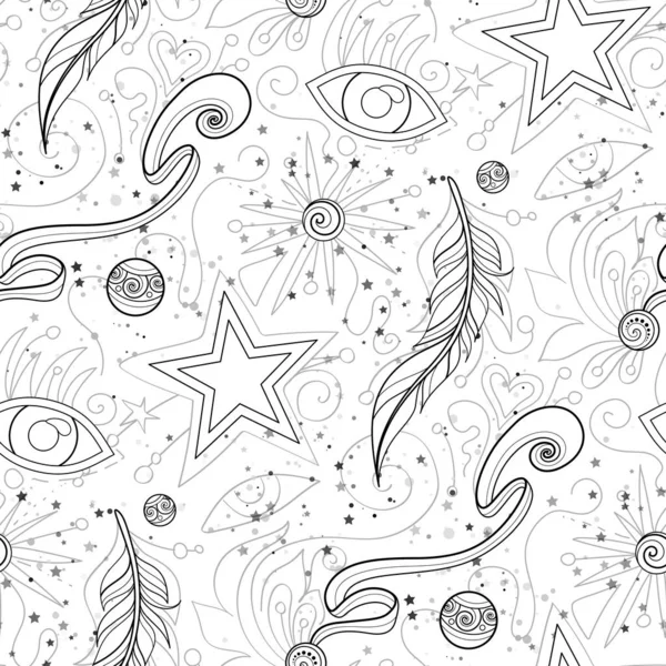 Бесшовный Красочный Шаблон Мистический Космический Комплект Элементов Деко Глаз Перо — стоковый вектор