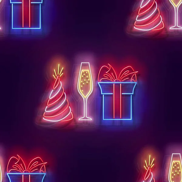 Бесшовный Узор Светящимся Подарочной Коробкой Красивым Луком Шампанским Праздничной Шляпой — стоковый вектор