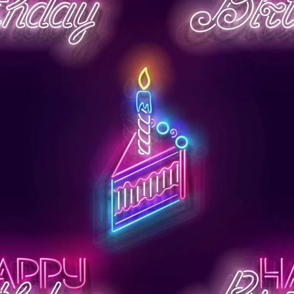 无缝隙图案 点缀精美的假日蛋糕 配上蜡烛和题词 生日快乐和节日派对气氛 霓虹灯纹理 标志板 光滑的背景 矢量3D说明 — 图库矢量图片