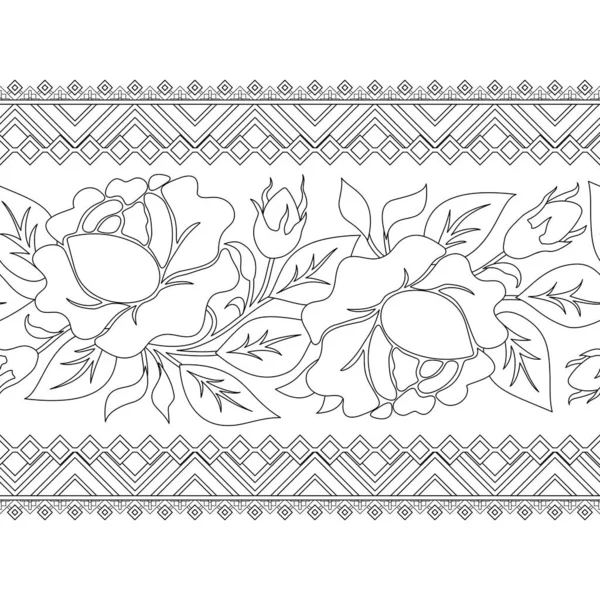 Seamless Border Rose Inspired Ukrainian Traditional Embroidery Ethnic Floral Motif — Stok Vektör