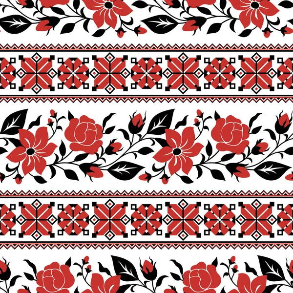 レッドローズとモールトとシームレスなパターンは ウクライナの伝統的な刺繍に触発 エスニック フローラル モチーフ ハンドメイド クラフト アート 民族デザイン 水平方向の縞 — ストックベクタ