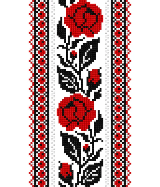 Ρεαλιστική Σταυρός Stitch Emproidered Seamless Border Τριαντάφυλλα Ethnic Floral Motif — Διανυσματικό Αρχείο