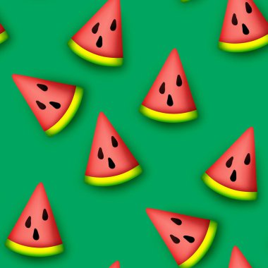 Modern Plastik Stili Renkli Tatlı Karpuz Dilimli Kusursuz Desen. Moda çizgi film dokusu. Gerçekçi Nesne. Modern kavram. Vektör 3d Görüntü