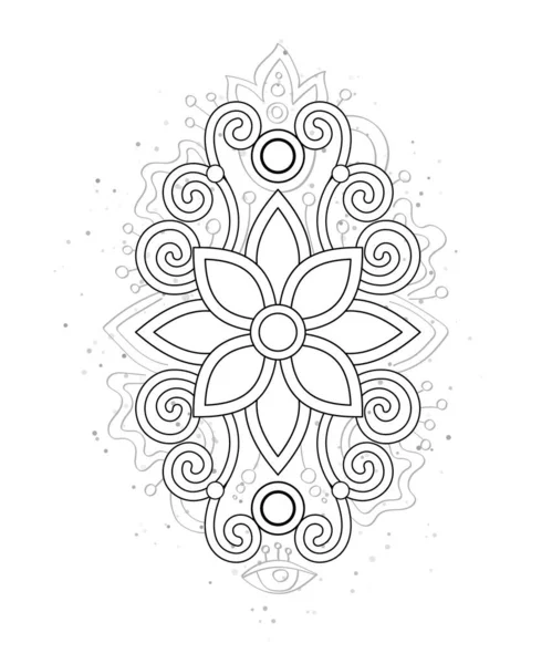スクロールワーク付きの神秘的な花 ホワイトのデコ要素 オリエンタルなスタイルの審美的なオブジェクト テクスチャ化されたファンタジー背景 ベクトル輪郭イラスト ぬりえブックページ — ストックベクタ