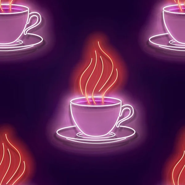 Seamless Pattern Glow Cup Coffee Steam Cafe Label Cappuccino Espresso — Vettoriale Stock