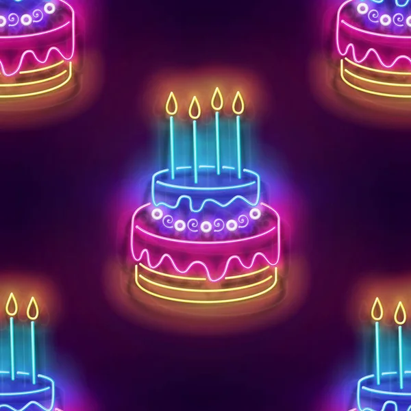 キャンドルと輝きのホリデーケーキとシームレスなパターン 誕生日および休日のパーティー気分 ネオンライトテクスチャ 光沢のある背景 ベクトル3Dイラスト — ストックベクタ