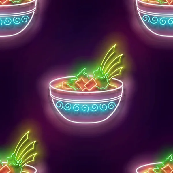 メキシコのスープをクラッカーとボウルに輝くシームレスなパターン 野菜と伝統的な民族料理 ネオンライトテクスチャ 光沢のある背景 ベクトル3Dイラスト — ストックベクタ