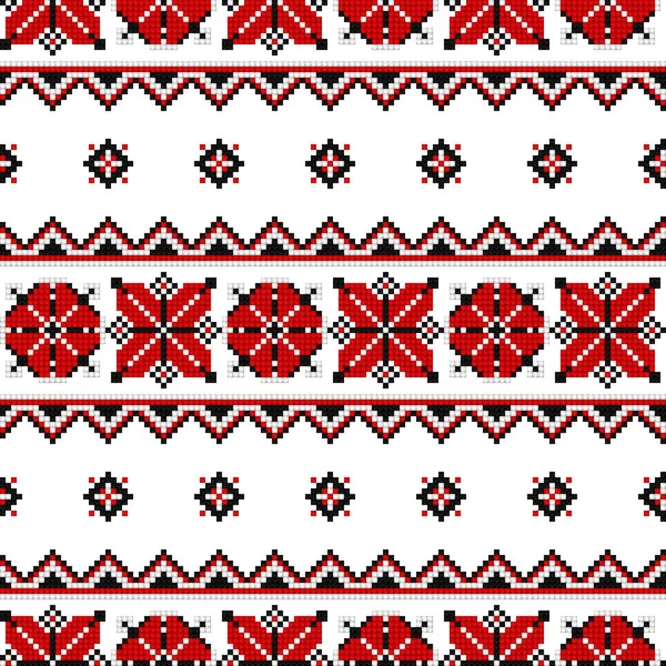 具有华丽元素的交叉贴片刺绣无缝隙图案 民族动机 手工造型艺术 乌克兰传统的红色和黑色刺绣 民族设计元素 矢量3D说明 — 图库矢量图片