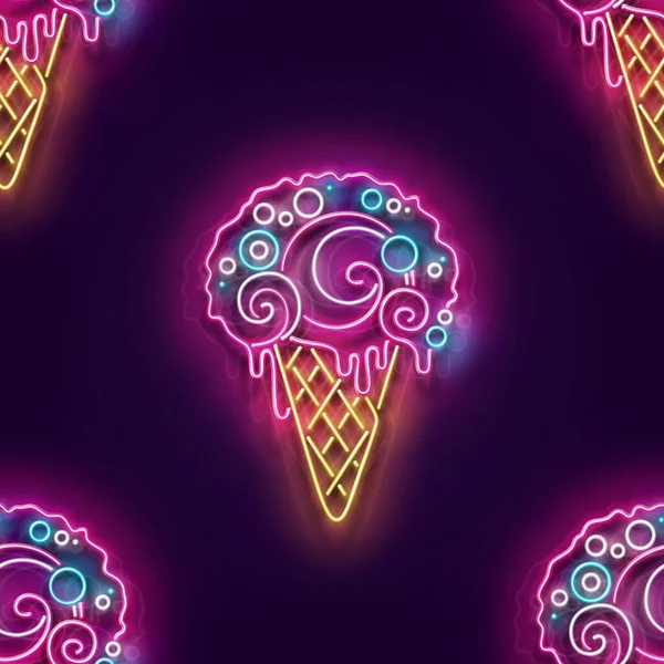 带有冰淇淋锥形和球形的复古光泽标牌 Fyer Template咖啡店采购产品Shiny Neon灯海报 花花公子 夜总会的邀请函 光滑的背景 矢量3D说明 — 图库矢量图片