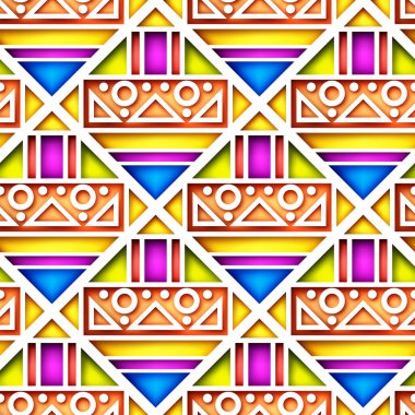 Kusursuz Renkli Geometrik Desen, Çılgın Patchwork Yorgan Süslemesi. Sonsuz Modern Mozaik dokusu. Kumaş tekstil, ambalaj kağıdı, duvar kağıdı. Vektör 3d İllüstrasyon. Soyut Sanat