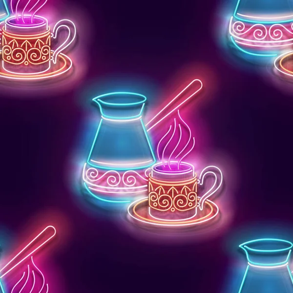 輝きとシームレスなパターンコーヒーカップで飾らセブ コーヒーハウスレーベル 伝統的な飲み物 ネオンライトテクスチャ 光沢のある背景 ベクトル3Dイラスト — ストックベクタ