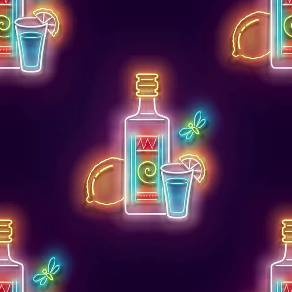 无缝隙图案 墨西哥龙舌兰酒 传统的民族酒精饮料 霓虹灯纹理 标志板 光滑的背景 矢量3D说明 — 图库矢量图片