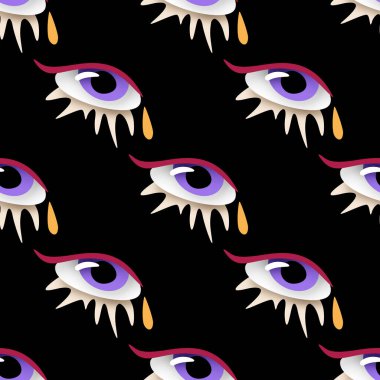 Psikodelik Yazılı Kusursuz Desen ve Gerçeküstü Göz. Siyahta Gerçeküstü Tasarım. Lekeli Pop Art Çizgi Film Tarzı. Sonsuz doku. Vektör 3d Görüntü
