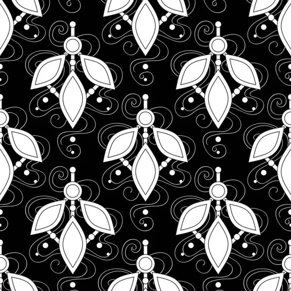 魔法の結晶とシームレスな美的パターン 黒のエンドレス現代モザイクテクスチャ 未来的抽象概念 ベクトル輪郭イラスト ぬりえブックページ — ストックベクタ