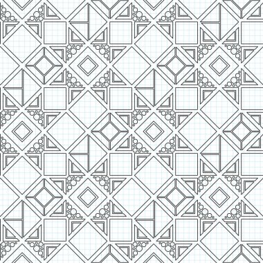 Kusursuz Renksiz Geometrik Desen, Damalı Defter 'e Çizilmiş. Sonsuz Modern Mozaik dokusu. Kumaş tekstil, ambalaj kağıdı, duvar kağıdı. Vector Contour İllüstrasyonu. Boyama Kitabı Sayfası