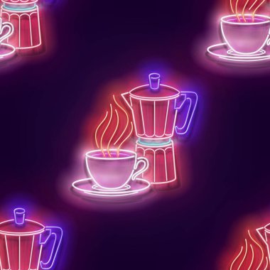 Parlak kahve fincanı ve gayzer kahve makinesiyle kusursuz desenli. Cafe Label, Sabah İçkisi. Neon ışığı dokusu, imza tahtası. Parlak Arkaplan. Vektör 3d Görüntü