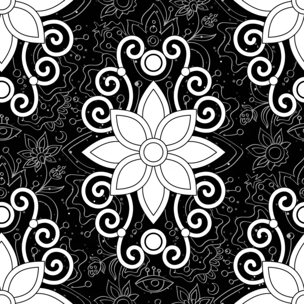 无缝隙的美学模式与华丽的神秘花朵在黑色上 纹理幻想背景 未来主义的抽象概念 矢量并行图解 彩色书页 — 图库矢量图片