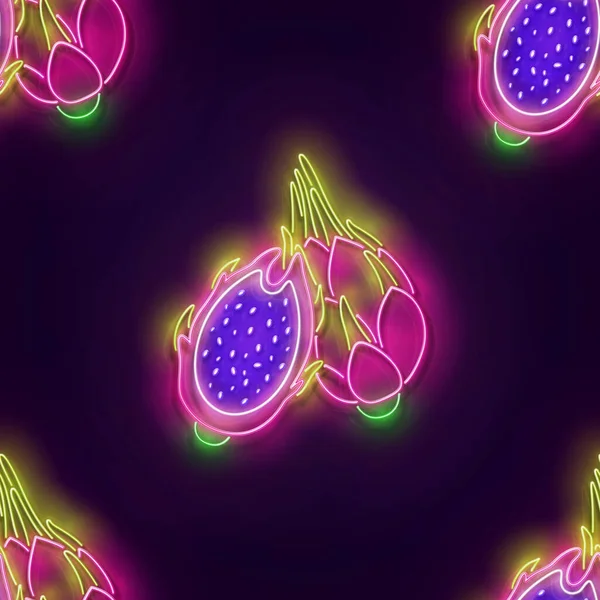 Seamless Pattern Glow Dragon Fruits Pitahaya Exotic Summer Fruit Neon — Image vectorielle