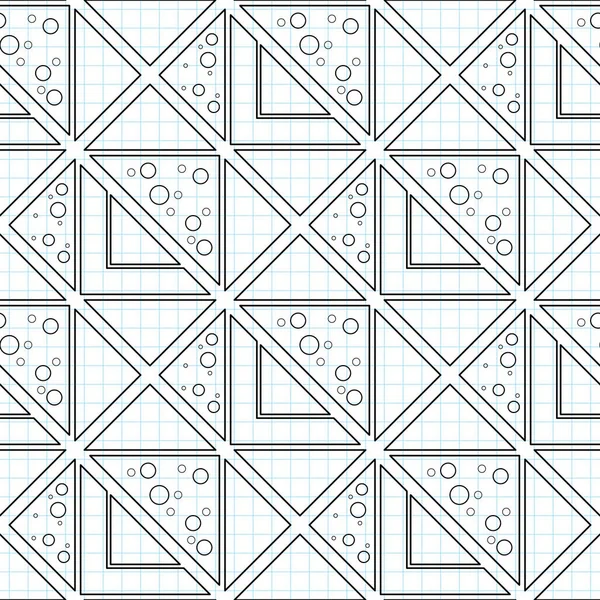 三角形を持つシームレスな幾何学模様 チェックされたノートに描かれています 無限の現代モザイクテクスチャ 包装紙 ベクトル輪郭イラスト ぬりえブックページ — ストックベクタ