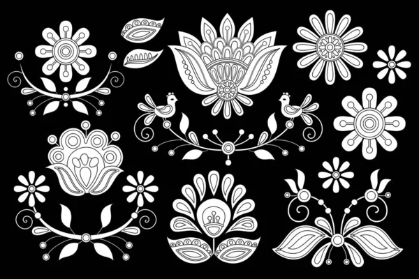 ウクライナの伝統的な刺繍に触発された花のセット エスニック フローラル モチーフ ハンドメイド クラフト アート 単一のデザイン要素 カラーブックページ ベクトル輪郭イラスト — ストックベクタ