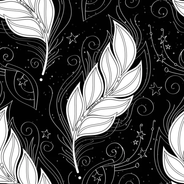 Seamless Aesthetic Pattern Mystical Cosmic Feather Black Aesthetic Object Oriental — Stock Vector