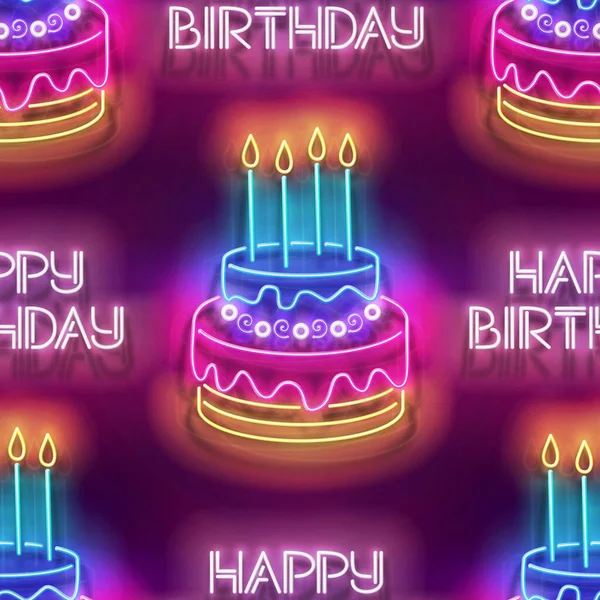 光彩夺目的无缝隙花纹节日蛋糕 配上蜡烛和铭文 生日快乐和节日派对气氛 霓虹灯纹理 标志板 光滑的背景 矢量3D说明 — 图库矢量图片
