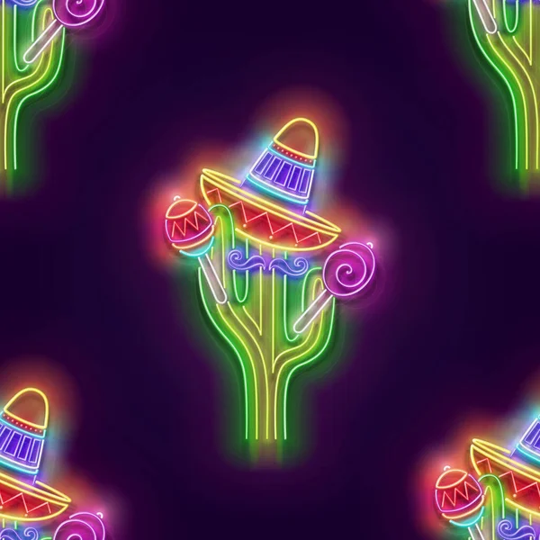 Modèle Sans Couture Avec Cactus Mexicain Brillant Sombrero Avec Marocas — Image vectorielle