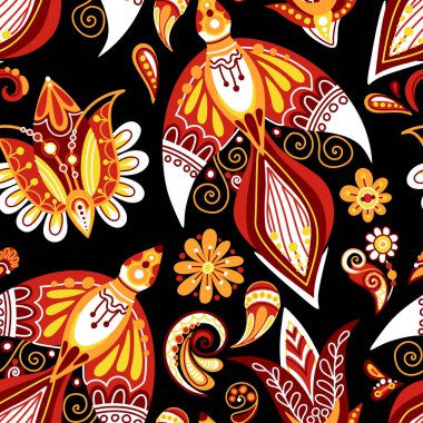 Folklorik Kusursuz Şablon ile Folklorik Kuş, Doğa İlham Veren Tasarım Elementi. Ateş kuşları, çiçekler ve Hint salatalıkları. Kumaş, Duvar Kağıdı vb. için Sonsuz doku. Vektör İllüstrasyonu