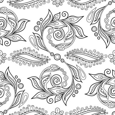 Hint Paisley Girdabı, Doğa İlham Veren Tasarım Elementi ile Folklorik Kusursuz Desen. Soyut Çiçek Deseni 'ni süsleyin. Sonsuz doku. Vektör İllüstrasyon Renklendirme Kitabı Sayfası