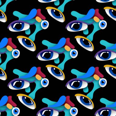 Psikodelik Yazıcı ve Canavar Gözlü Kusursuz Desen. Siyahta Gerçeküstü Tasarım. Lekeli Pop Art Çizgi Film Tarzı. Sonsuz doku. Vektör 3d Görüntü