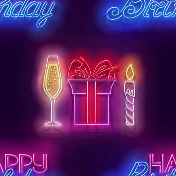 美しい弓 シャンパンとキャンドルや碑文と輝きのギフトボックスとシームレスなパターン 誕生日および休日のパーティー ネオンライトテクスチャ 光沢のある背景 ベクトル3Dイラスト — ストックベクタ