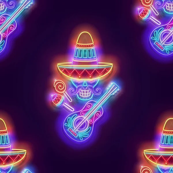 Pola Mulus Dengan Glow Sugar Male Skull Sombrero Dengan Gitar - Stok Vektor