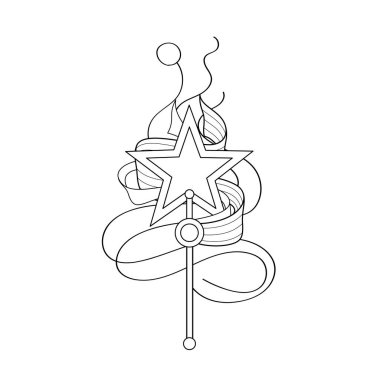 Cute Magical Star Wand, Deco Element. Aesthetic Object. Trendy Kids Print. Vector Contour Illustration. Coloring Book Page