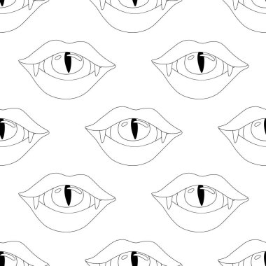 Psikodelik Yazılı Kusursuz Desen Vampir Titreşimli, Ağızdaki Göz. Gerçeküstü Tasarım, Sonsuz Doku. Lekeli Pop Art Çizgi Film Tarzı. Boyama Kitabı Sayfası. Vektör İlişkisi İllüstrasyonu