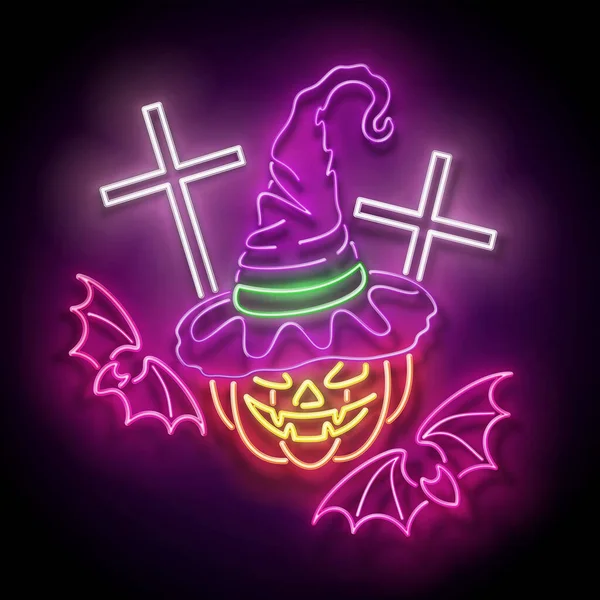 Glühen Sie Halloween Grußkarte Mit Hexenkürbis Kreuzen Und Fledermäusen Postkarte — Stockvektor