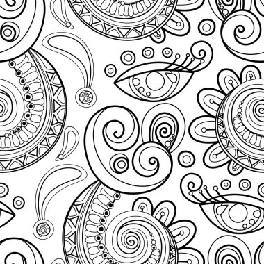 Hint Paisley Girdabı, Doğa İlham Veren Tasarım Elementi ile Folklorik Kusursuz Desen. Soyut Çiçek Deseni 'ni süsleyin. Sonsuz doku. Vektör İllüstrasyon Renklendirme Kitabı Sayfası