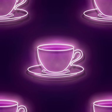 Pırıl pırıl kahveyle kusursuz desen. Cafe Label. Cappuccino, Espresso, Americano içeceği. Neon ışığı dokusu, imza tahtası. Parlak Arkaplan. Vektör 3d Görüntü