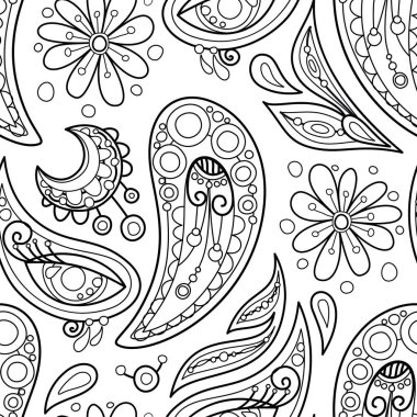 Paisley Kızılderili Salatalığı, Doğa İlham Veren Tasarım Elementi ile Folklorik Kusursuz Desen. Soyut Çiçek Deseni 'ni süsleyin. Sonsuz doku. Vektör İllüstrasyon Renklendirme Kitabı Sayfası