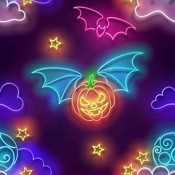 Seamless Pattern Glow Flying Vampire Pumpkin Coundly Night Sky Halloween — Stock Vector