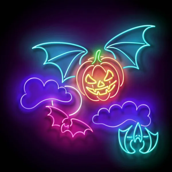 Glühen Sie Halloween Grußkarte Mit Fliegendem Vampirkürbis Nachthimmel Postkarte Urlaubsvorlage — Stockvektor