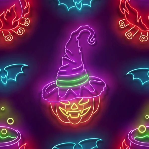 Nahtloses Muster Mit Glühendem Hexenkürbis Hut Und Zaubertrank Hexenkessel Halloween — Stockvektor