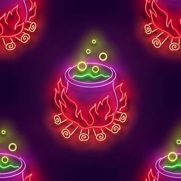 Nahtloses Muster Mit Glühtrank Hexenkessel Halloween Stimmung Neon Light Texture — Stockvektor