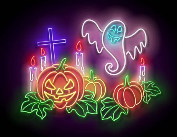 Glow Halloween Greeting Card Witch Pumpkin Crosses Candles Ghost 템플릿 — 스톡 벡터