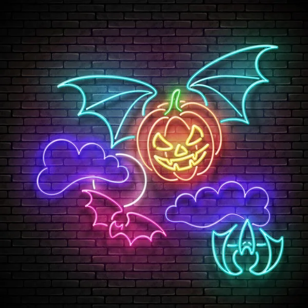 Cartão Saudação Halloween Brilhante Com Abóbora Vampira Voadora Céu Noturno —  Vetores de Stock