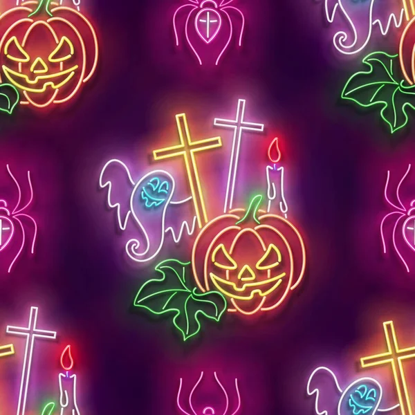 Seamless Pattern Glow Jack Lantern Pumpkin Ghosts Spiders Halloween Withcraft — Stock Vector