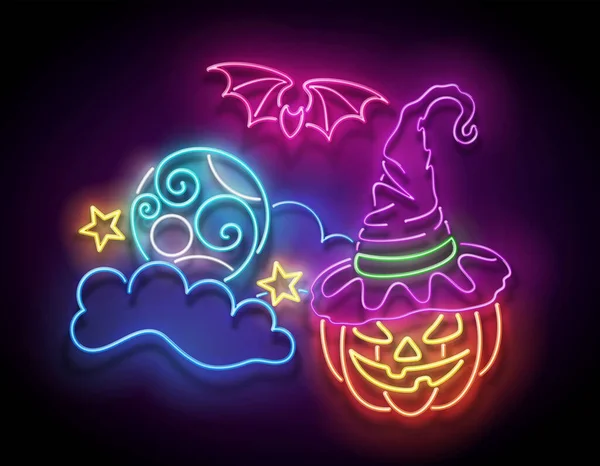 Świecące Halloween Kartka Powitalna Dyni Czarownicy Nietoperz Pająk Księżyc Nocnym Wektory Stockowe bez tantiem